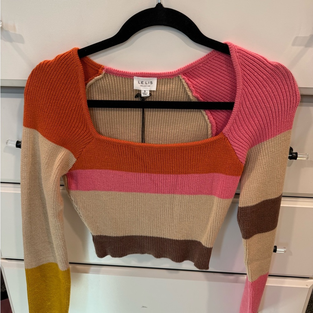 Le Lis Striped Scoop-Neck Cropped Sweater in Pink, Orange, Cream, Brown, Yellow